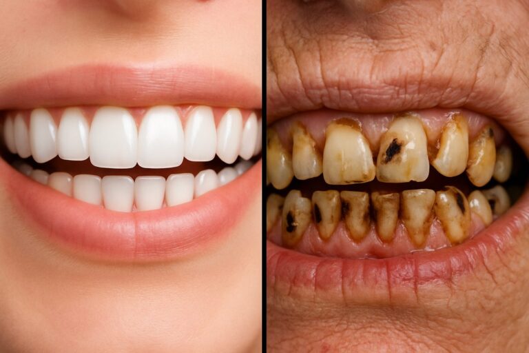 A split panel image. The left side shows a healthy, bright smile. The right side shows teeth with decay, gum disease, and other visible dental problems to illustrate "diseases of teeth." No text on the image.