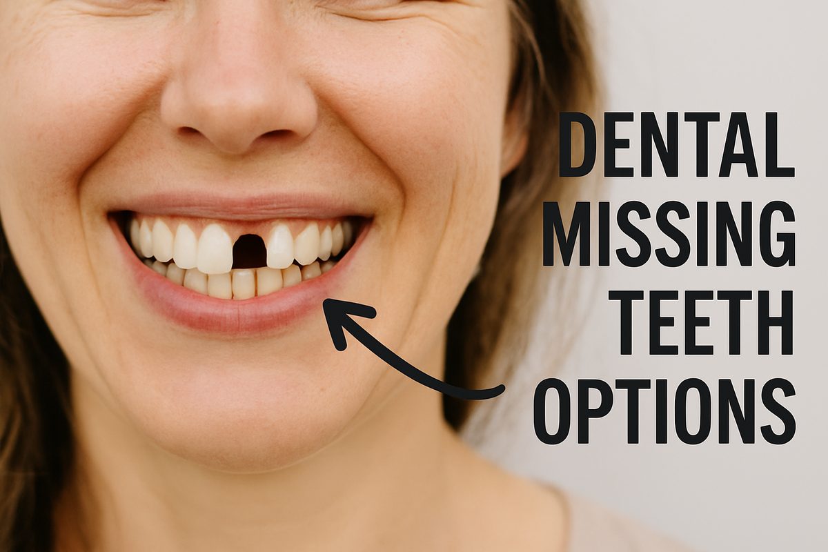 A close up of a person smiling, with a clearly visible gap where a tooth is missing, with an arrow pointing to the gap. The text says "Dental Missing Teeth Options".