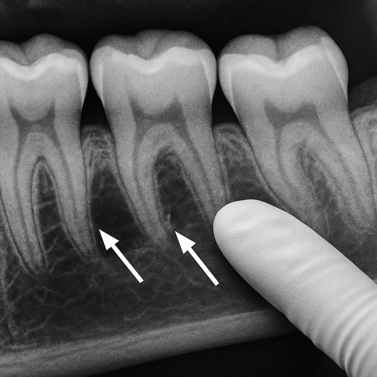 Close-up x-ray of teeth showcasing bone loss around the tooth roots, with a dentist pointing out the affected areas. No text on image.