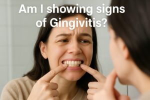 Photo of a smiling woman pointing to her gums in the mirror with concern. Text on the image reads "Am I showing signs of Gingivitis?"