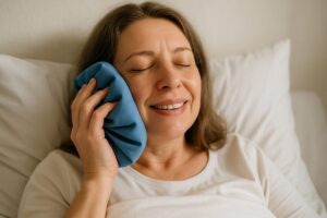 Image of a patient post dental implant surgery, holding an ice pack to their cheek, looking relaxed while resting in bed. No text on image.