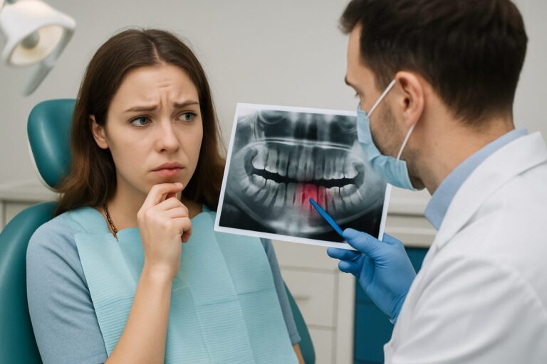 A concerned patient sits in a dental chair as a dentist points to an x-ray highlighting bone loss around a tooth, illustrating the effects of gum disease. No text on image.