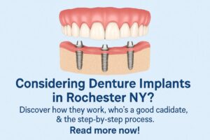 Image of a dentist smiling while pointing to a set of denture implants in a patient's mouth. The image should be set in Rochester, NY, with the city skyline visible through a window in the background. No text on image.