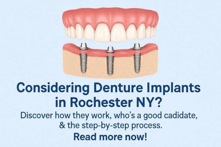 Image of a dentist smiling while pointing to a set of denture implants in a patient's mouth. The image should be set in Rochester, NY, with the city skyline visible through a window in the background. No text on image.