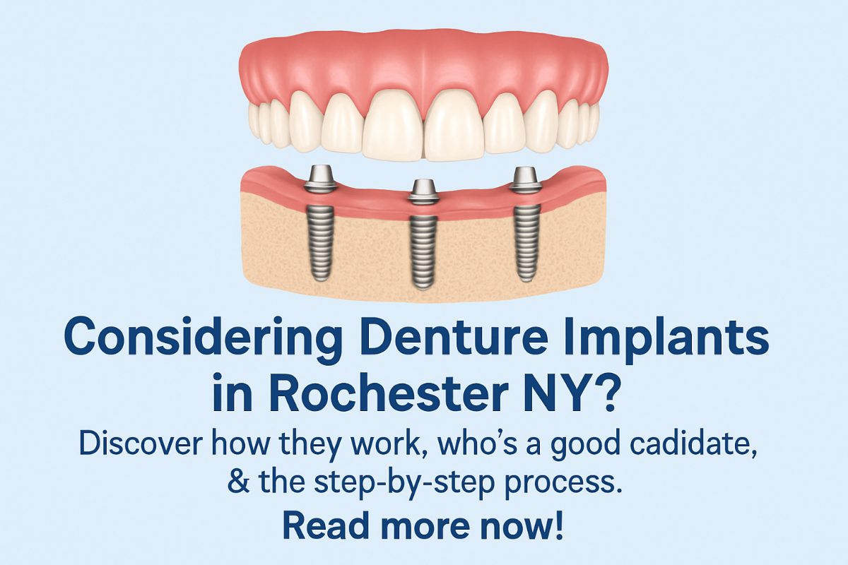 Image of a dentist smiling while pointing to a set of denture implants in a patient's mouth. The image should be set in Rochester, NY, with the city skyline visible through a window in the background. No text on image.