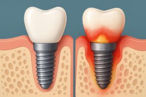 Close up animated graphic depicting a healthy dental implant screwed into a jaw bone, contrasted next to a dental implant that has failed due to infection and poor care. No text on image.