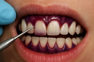 A close-up image of a patient's mouth showing gums dark purple around the base of the teeth, with a dental professional pointing to the affected area with an instrument. No text on the image.