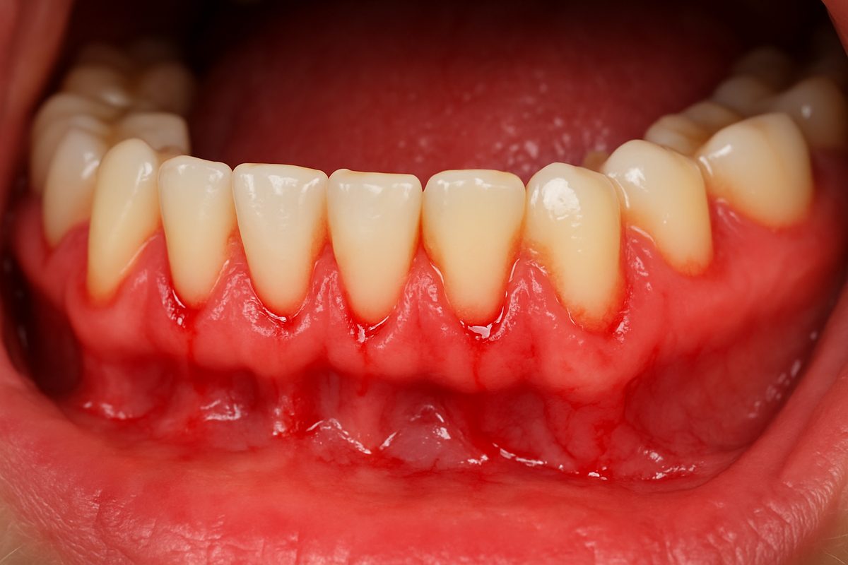 Photo of inflamed gums in a patient's mouth, with slight bleeding around the gum line, to represent symptoms of gingivitis. No text on the image.